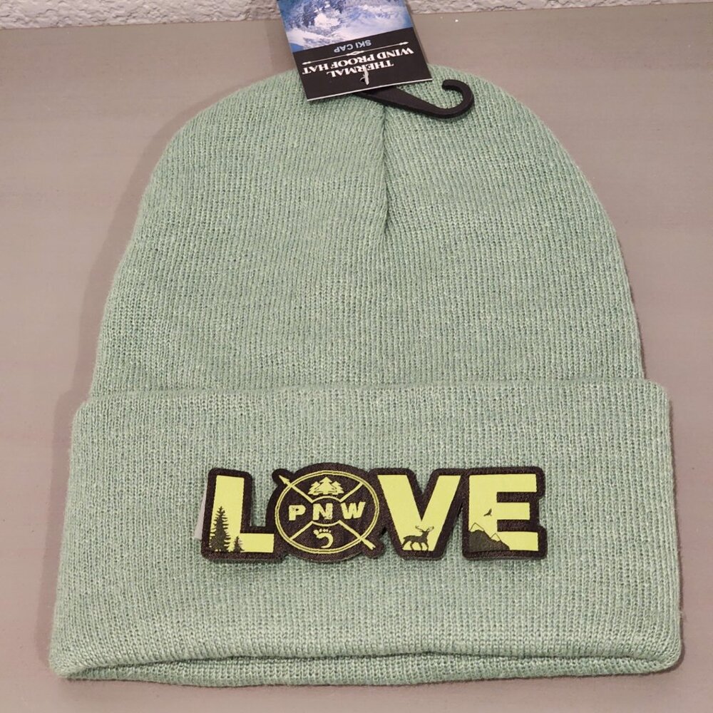 LOVE PNW Patched Knit Cuffed Beanie in Mint Green